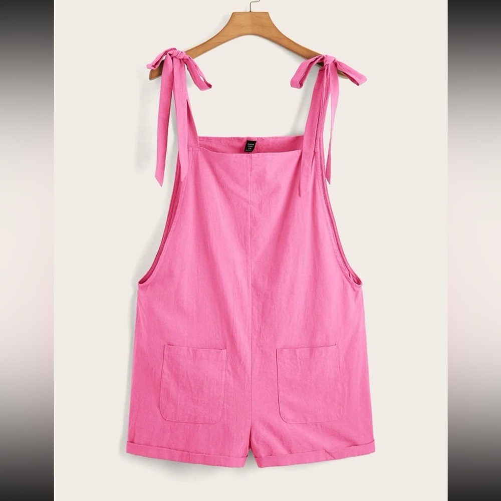 Hot Pink Tie Strap Overalls Shorts Romper